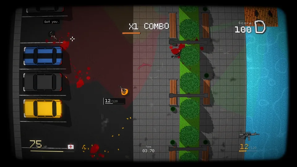 Gunfight in a parking lot beside a canal