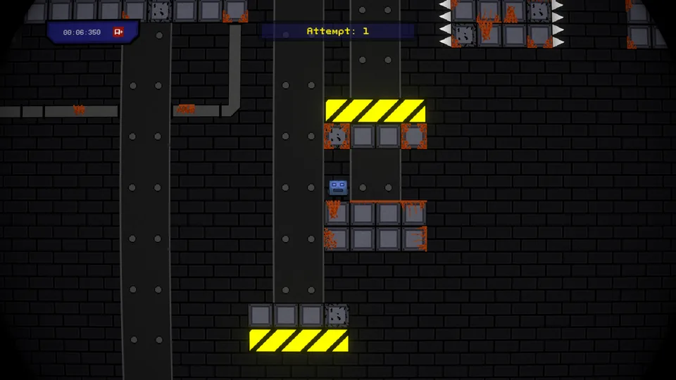 Industrial level with hazard-striped platforms and spiked blocks